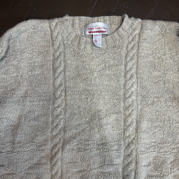 80's John Ashford Hand-knit 100% Wool Sweater Men’s L Beige Cable Knit Fisherman - Picture 3 of 6